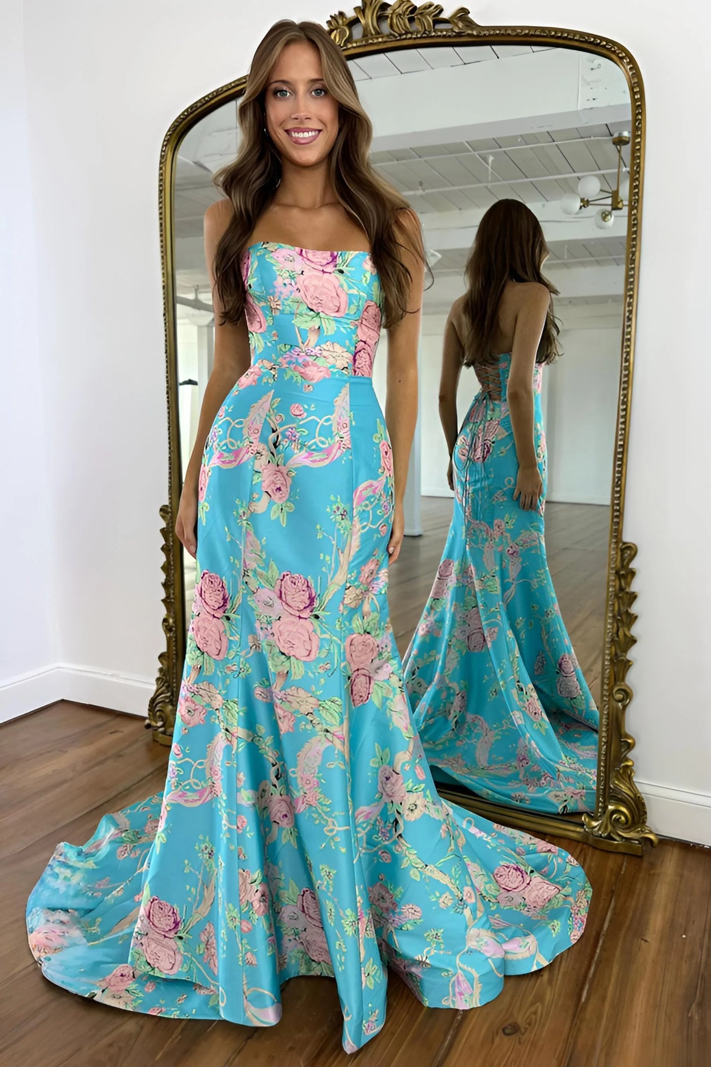Vintage Inspired Floral Prom Dress With Strapless Bodice And Flowy Skirt AD232