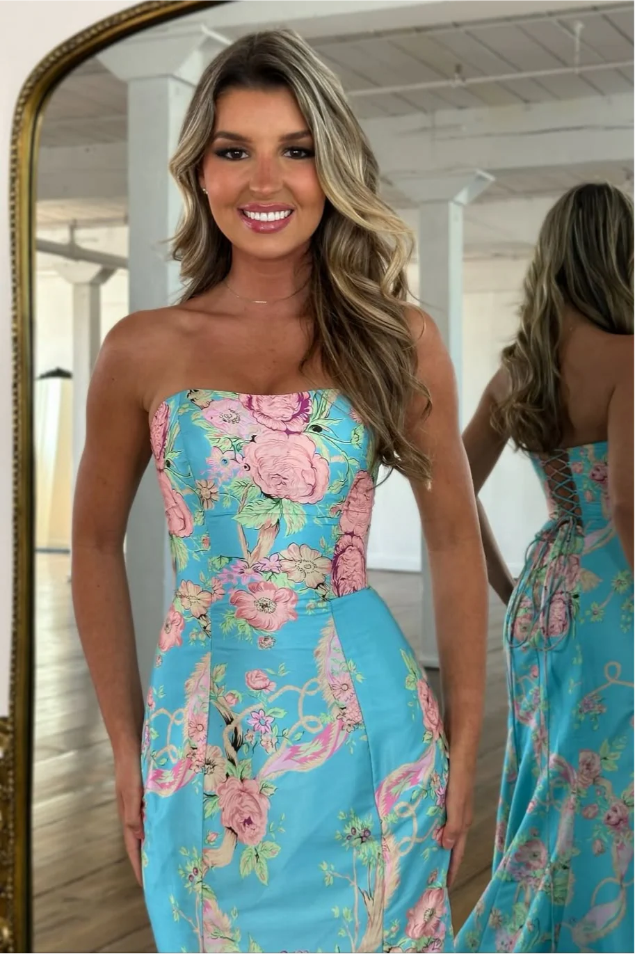 Vintage Inspired Floral Prom Dress With Strapless Bodice And Flowy Skirt AD232