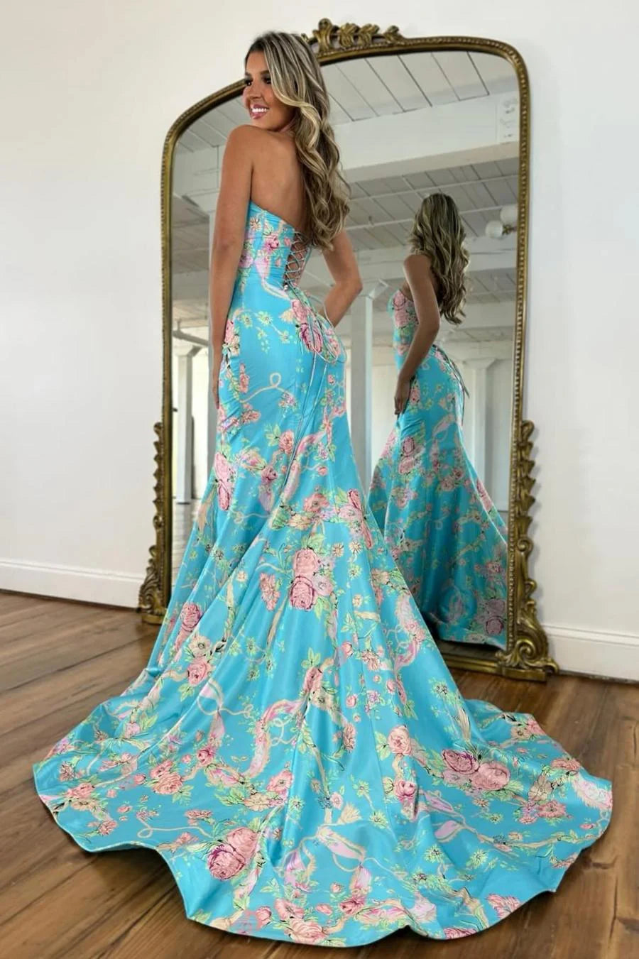 Vintage Inspired Floral Prom Dress With Strapless Bodice And Flowy Skirt AD232