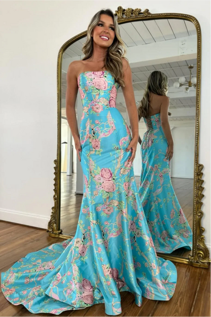 Vintage Inspired Floral Prom Dress With Strapless Bodice And Flowy Skirt AD232
