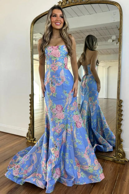 Vintage Inspired Floral Prom Dress With Strapless Bodice And Flowy Skirt AD232