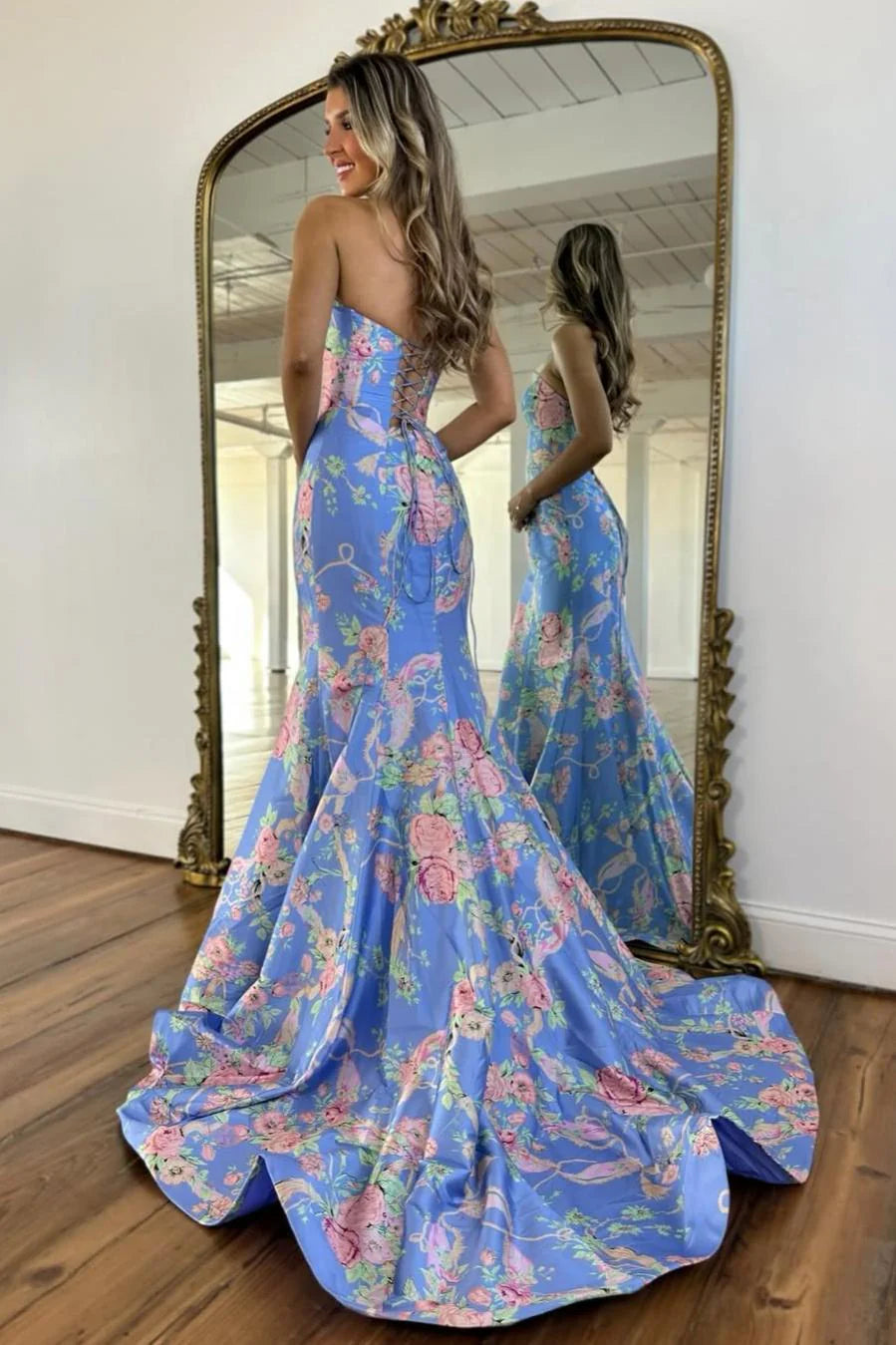 Vintage Inspired Floral Prom Dress With Strapless Bodice And Flowy Skirt AD232