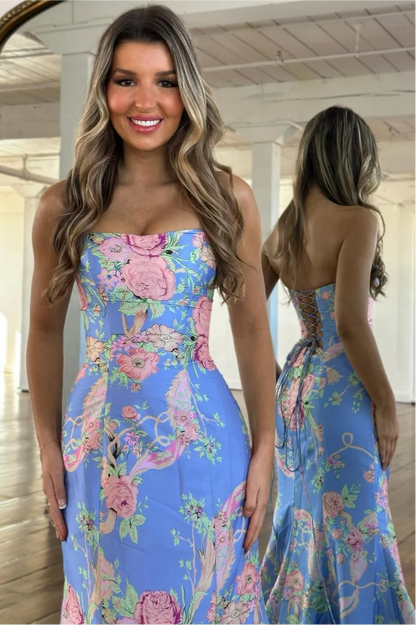 Vintage Inspired Floral Prom Dress With Strapless Bodice And Flowy Skirt AD232