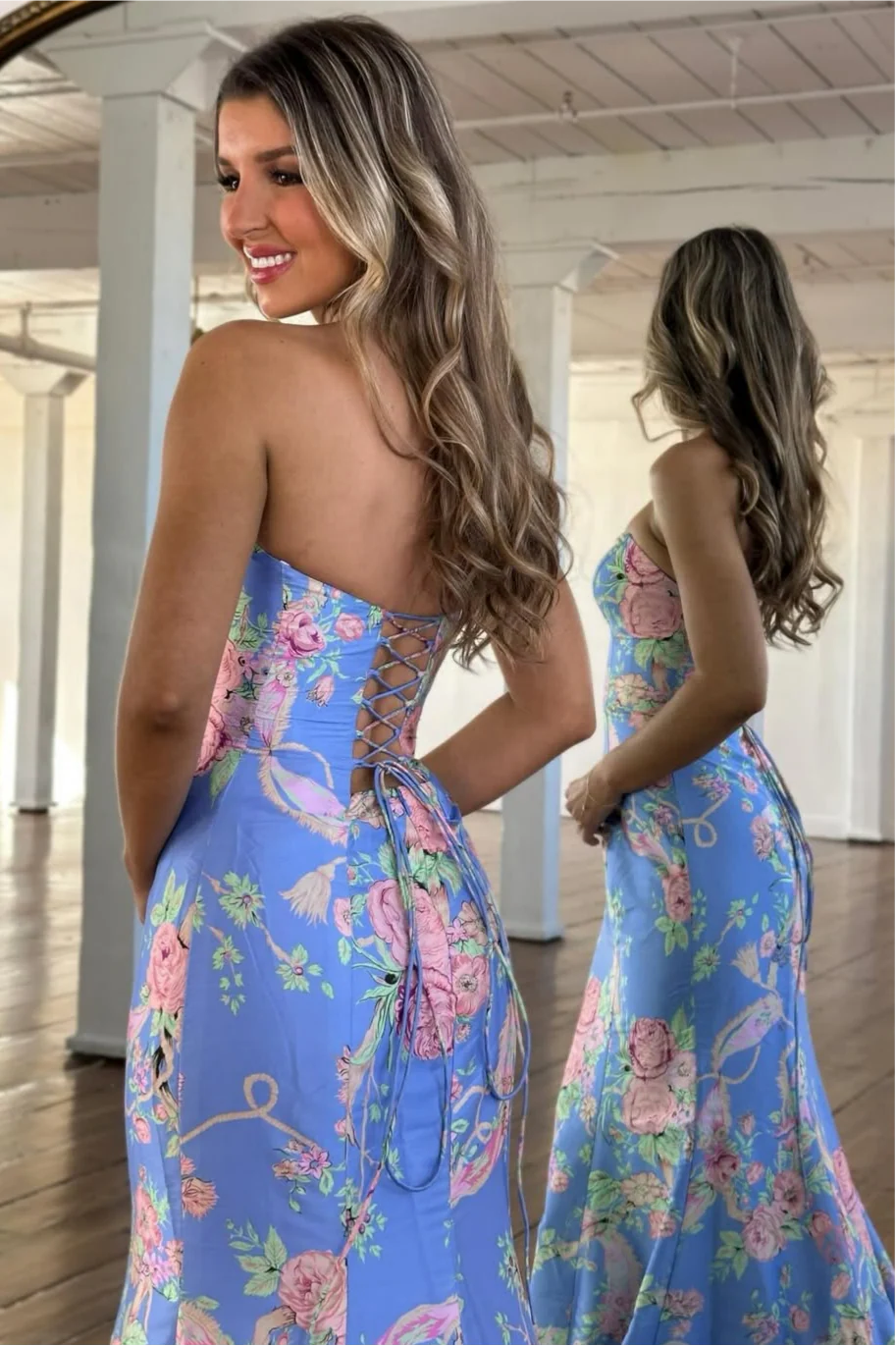 Vintage Inspired Floral Prom Dress With Strapless Bodice And Flowy Skirt AD232