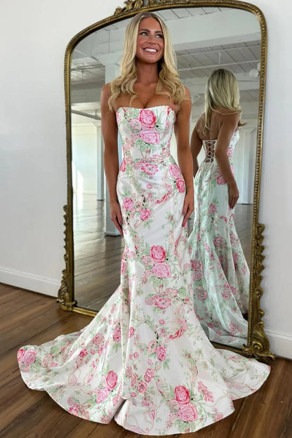 Vintage Inspired Floral Prom Dress With Strapless Bodice And Flowy Skirt AD232