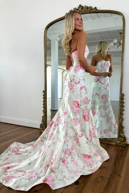Vintage Inspired Floral Prom Dress With Strapless Bodice And Flowy Skirt AD232