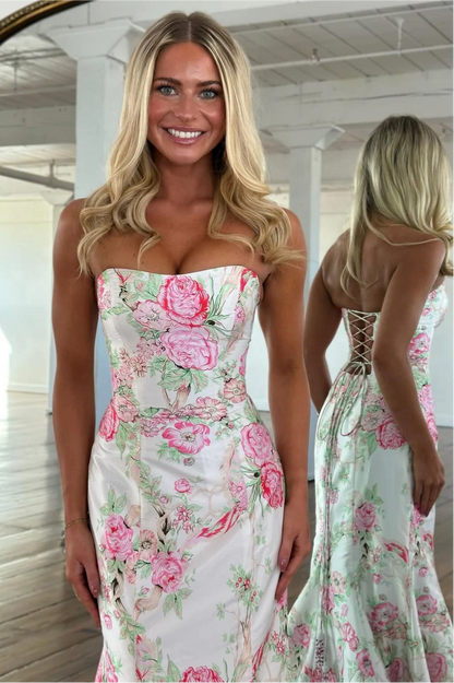 Vintage Inspired Floral Prom Dress With Strapless Bodice And Flowy Skirt AD232