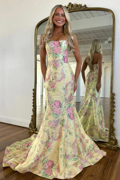 Vintage Inspired Floral Prom Dress With Strapless Bodice And Flowy Skirt AD232