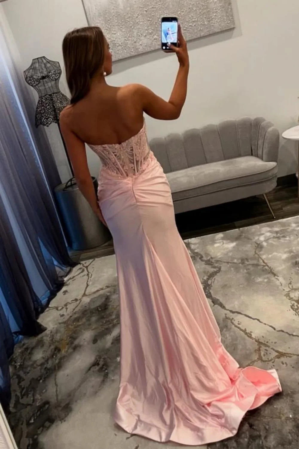 Romantic Lace Sweetheart Long Satin Mermaid Prom Dress With High Slit AD233