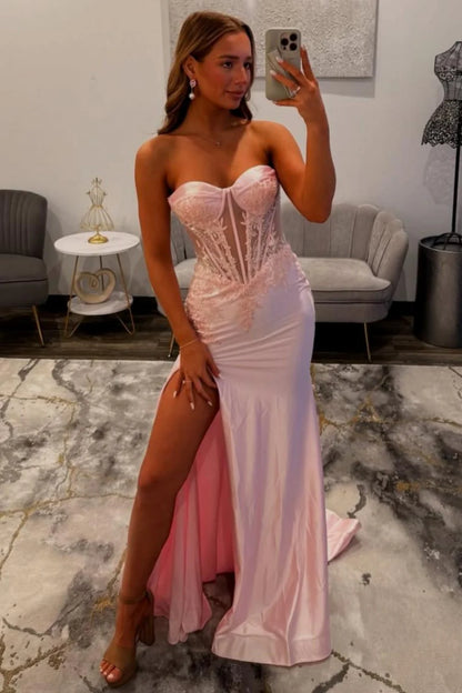 Romantic Lace Sweetheart Long Satin Mermaid Prom Dress With High Slit AD233