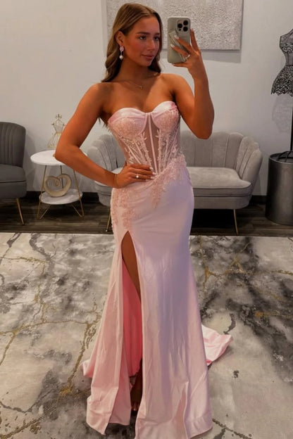 Romantic Lace Sweetheart Long Satin Mermaid Prom Dress With High Slit AD233