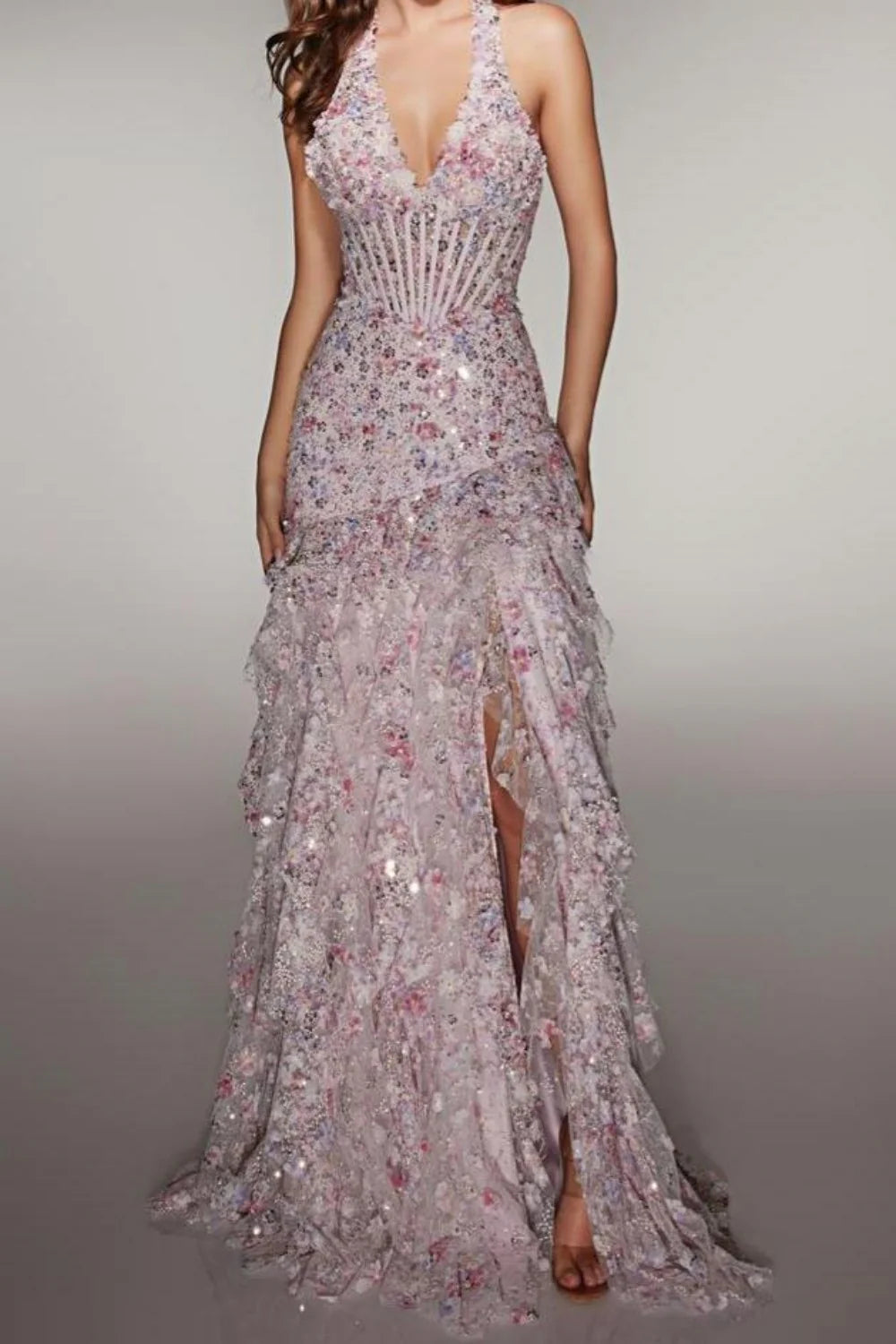 Sparkly Halter Sequin Prom Dress With Corset Bodice High Slit & Ruffle Skirt AD234