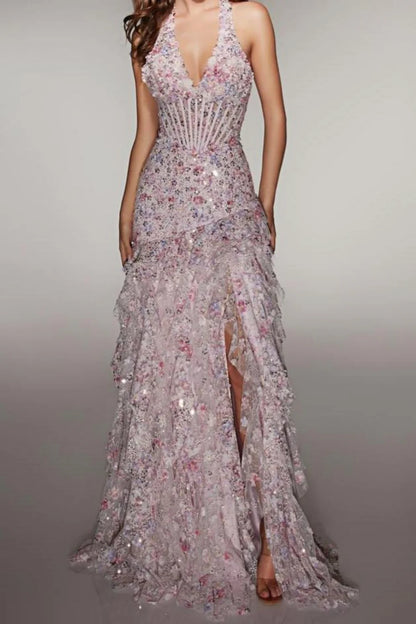 Sparkly Halter Sequin Prom Dress With Corset Bodice High Slit & Ruffle Skirt AD234