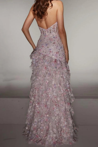 Sparkly Halter Sequin Prom Dress With Corset Bodice High Slit & Ruffle Skirt AD234