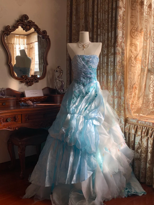 Fairy Tale Light Blue Strapless Tiered Tulle Ball Gown With Beaded Floral Applique Sweet 16 Formal Prom Dress AD238