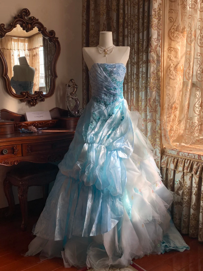 Fairy Tale Light Blue Strapless Tiered Tulle Ball Gown With Beaded Floral Applique Sweet 16 Formal Prom Dress AD238