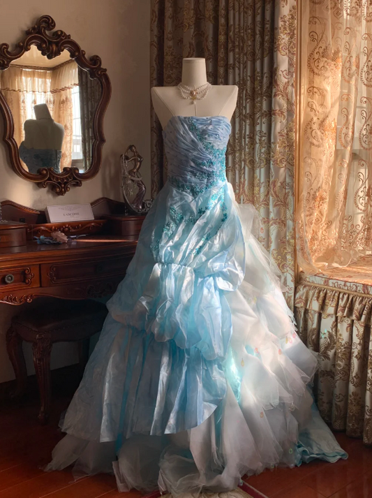 Fairy Tale Light Blue Strapless Tiered Tulle Ball Gown With Beaded Floral Applique Sweet 16 Formal Prom Dress AD238