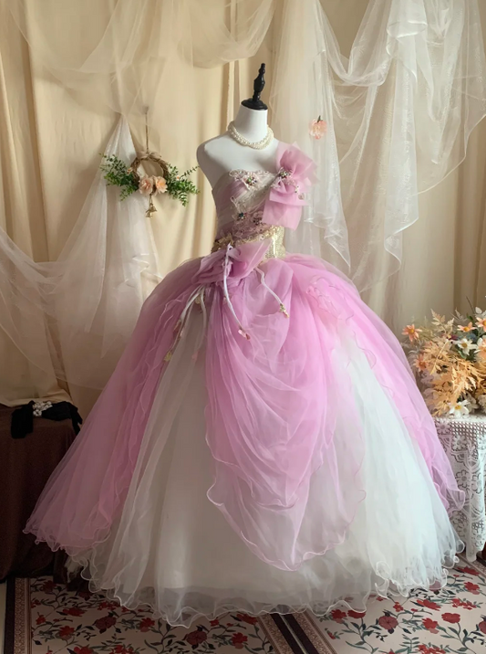Fairy Tale Pink & White Tiered Tulle Strapless Sweet 16 Prom Dress With Sequins, Floral Applique & Tulle Bows AD239