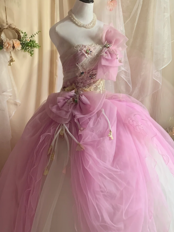 Fairy Tale Pink & White Tiered Tulle Strapless Sweet 16 Prom Dress With Sequins, Floral Applique & Tulle Bows AD239