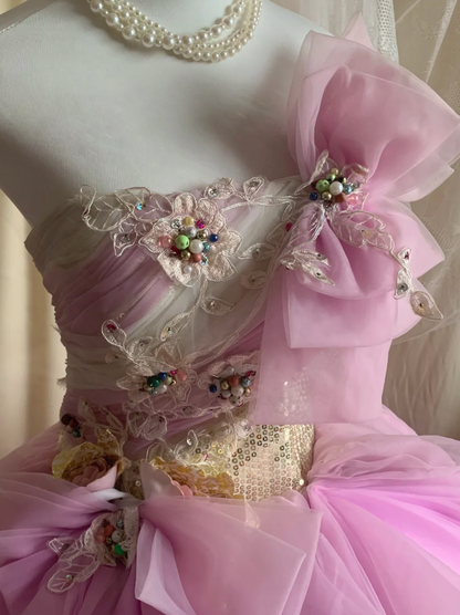 Fairy Tale Pink & White Tiered Tulle Strapless Sweet 16 Prom Dress With Sequins, Floral Applique & Tulle Bows AD239