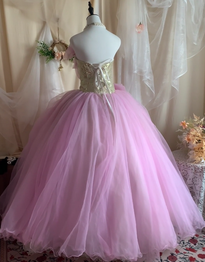 Fairy Tale Pink & White Tiered Tulle Strapless Sweet 16 Prom Dress With Sequins, Floral Applique & Tulle Bows AD239