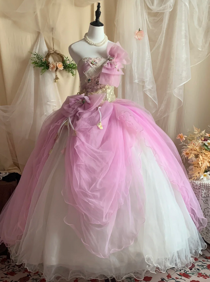Fairy Tale Pink & White Tiered Tulle Strapless Sweet 16 Prom Dress With Sequins, Floral Applique & Tulle Bows AD239