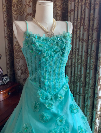 Beautifully Turquoise Tulle Ball Gown Spaghetti Straps 3D Floral Beaded Prom & Sweet 16 Dress AD240