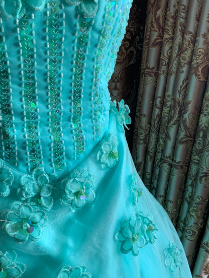 Beautifully Turquoise Tulle Ball Gown Spaghetti Straps 3D Floral Beaded Prom & Sweet 16 Dress AD240