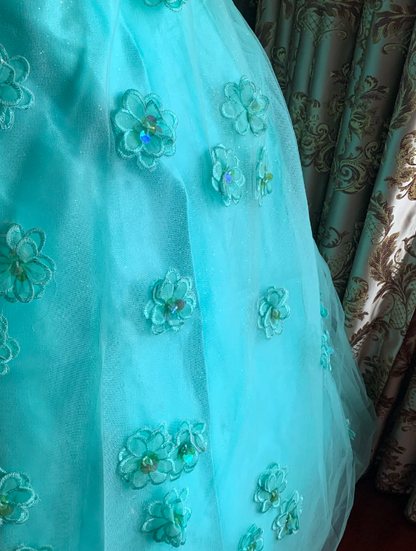 Beautifully Turquoise Tulle Ball Gown Spaghetti Straps 3D Floral Beaded Prom & Sweet 16 Dress AD240