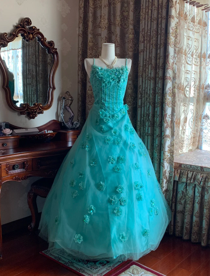 Beautifully Turquoise Tulle Ball Gown Spaghetti Straps 3D Floral Beaded Prom & Sweet 16 Dress AD240