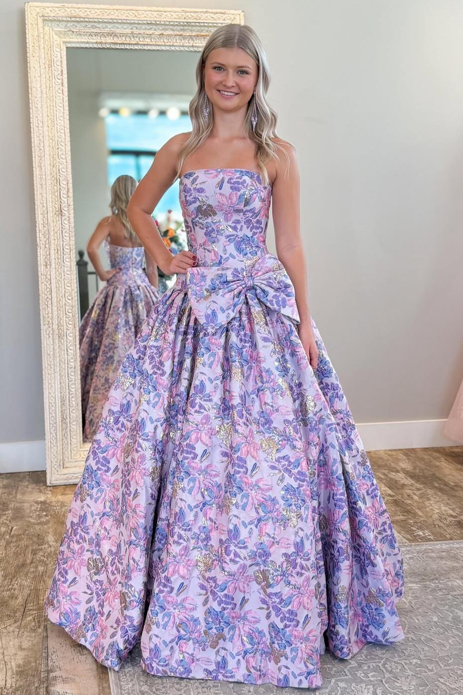 Strapless Purple Floral Formal Dress A-Line Prom Gown With Bow Accent AD241