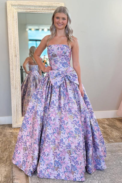 Strapless Purple Floral Formal Dress A-Line Prom Gown With Bow Accent AD241