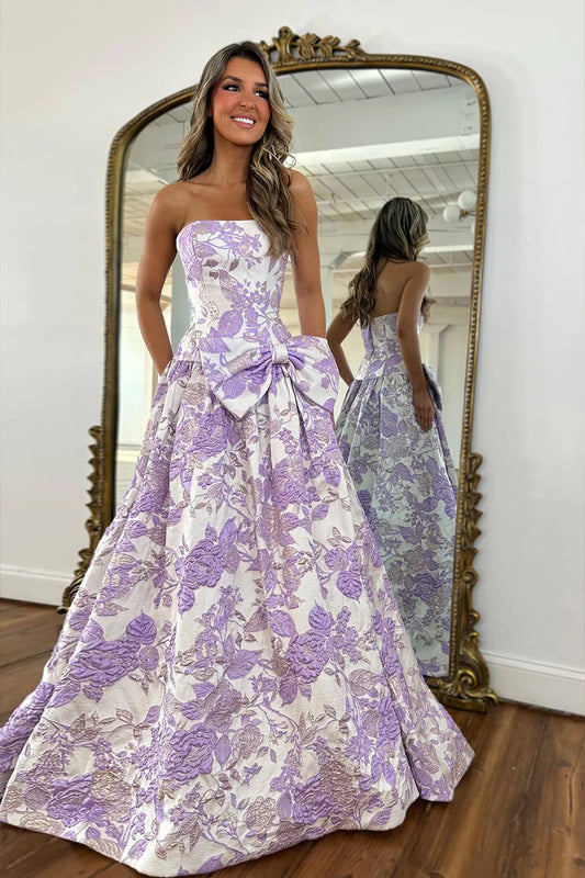 Strapless Purple Floral Formal Dress A-Line Prom Gown With Bow Accent AD241