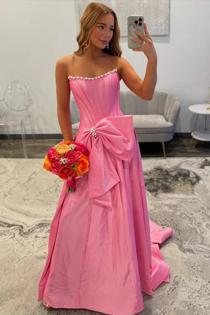 Pink Strapless Satin Prom Dress With Corset Bodice And Bow AD243