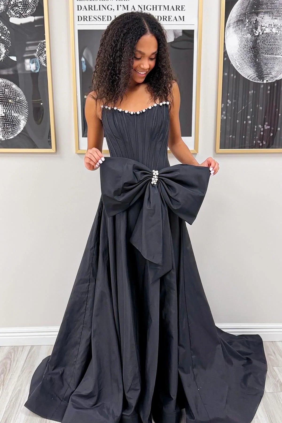 Pink Strapless Satin Prom Dress With Corset Bodice And Bow AD243