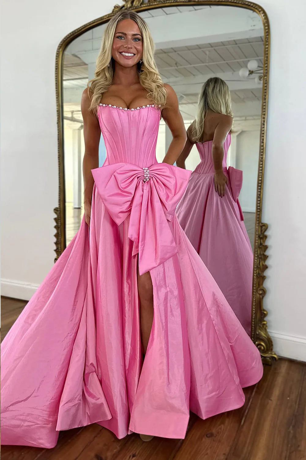 Pink Strapless Satin Prom Dress With Corset Bodice And Bow AD243
