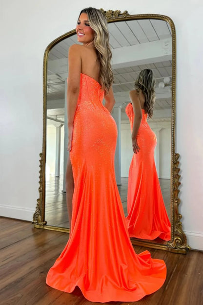 Glam Orange Strapless High-Slit Prom Dress With Corset Bodice And Sparkle AD244