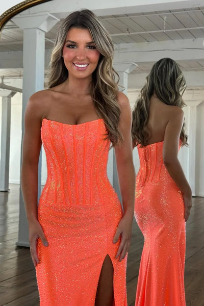 Glam Orange Strapless High-Slit Prom Dress With Corset Bodice And Sparkle AD244