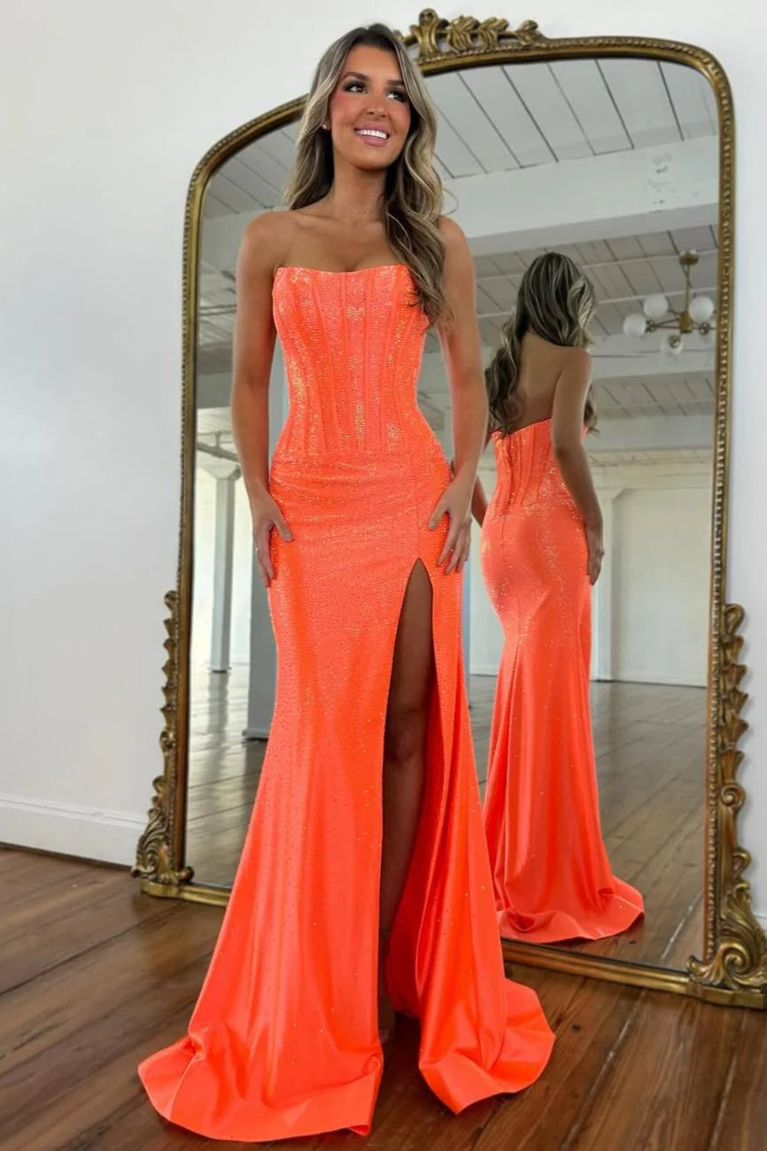 Glam Orange Strapless High-Slit Prom Dress With Corset Bodice And Sparkle AD244