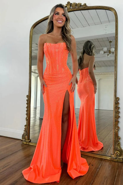Glam Orange Strapless High-Slit Prom Dress With Corset Bodice And Sparkle AD244