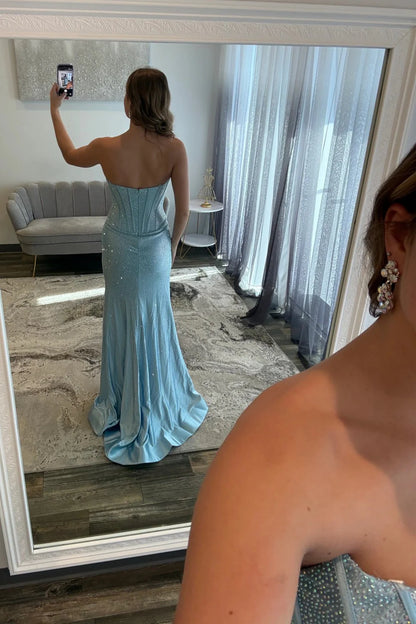 Glam Orange Strapless High-Slit Prom Dress With Corset Bodice And Sparkle AD244