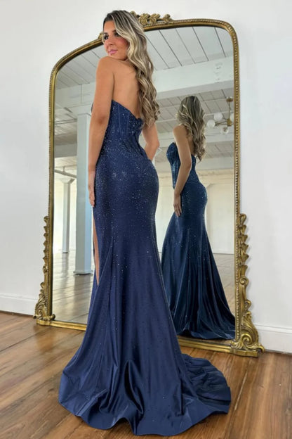 Glam Orange Strapless High-Slit Prom Dress With Corset Bodice And Sparkle AD244