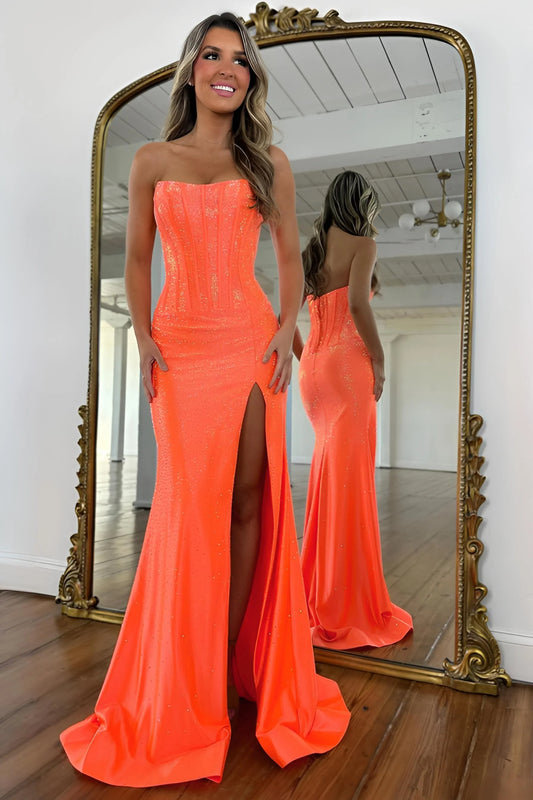 Glam Orange Strapless High-Slit Prom Dress With Corset Bodice And Sparkle AD244