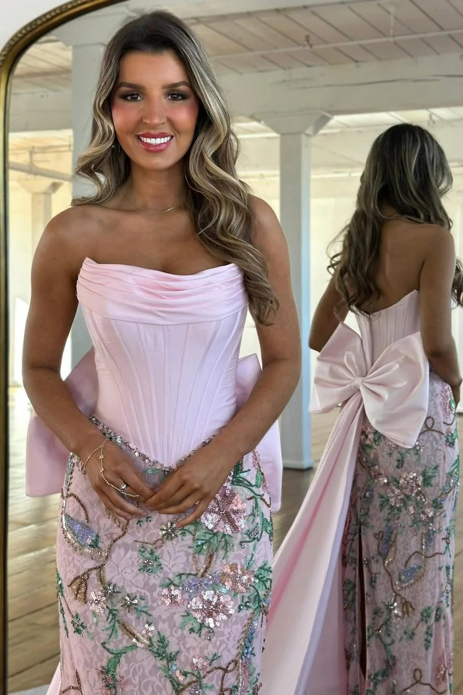 Luxury Blush Pink Strapless Prom Gown With Corset Bodice Floral Sequin Detail & Train AD245