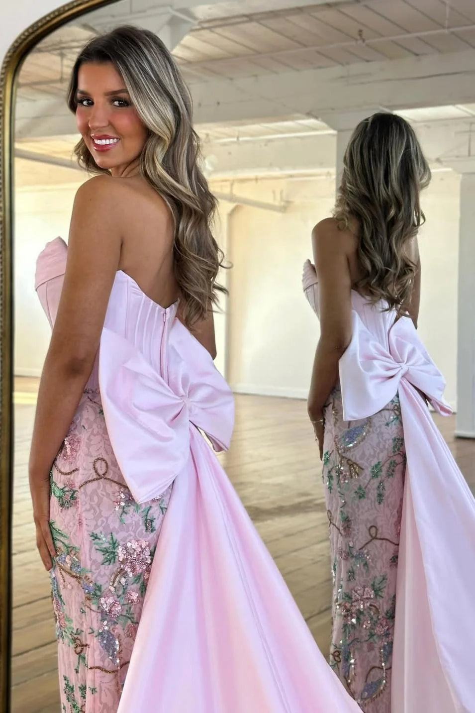 Luxury Blush Pink Strapless Prom Gown With Corset Bodice Floral Sequin Detail & Train AD245