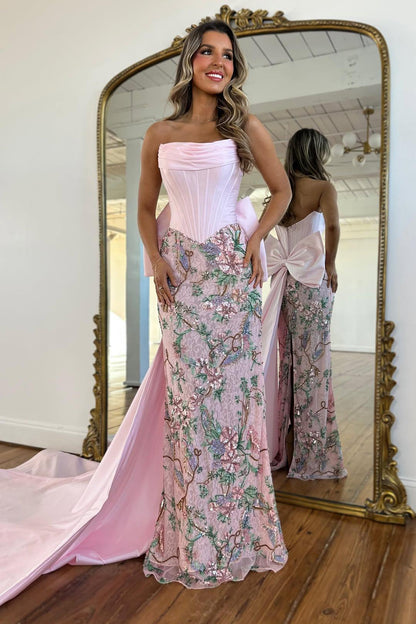 Luxury Blush Pink Strapless Prom Gown With Corset Bodice Floral Sequin Detail & Train AD245