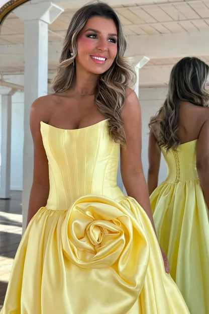 Luxury Strapless Corset Prom Gown With High Slit Skirt And Rosette Accent AD246