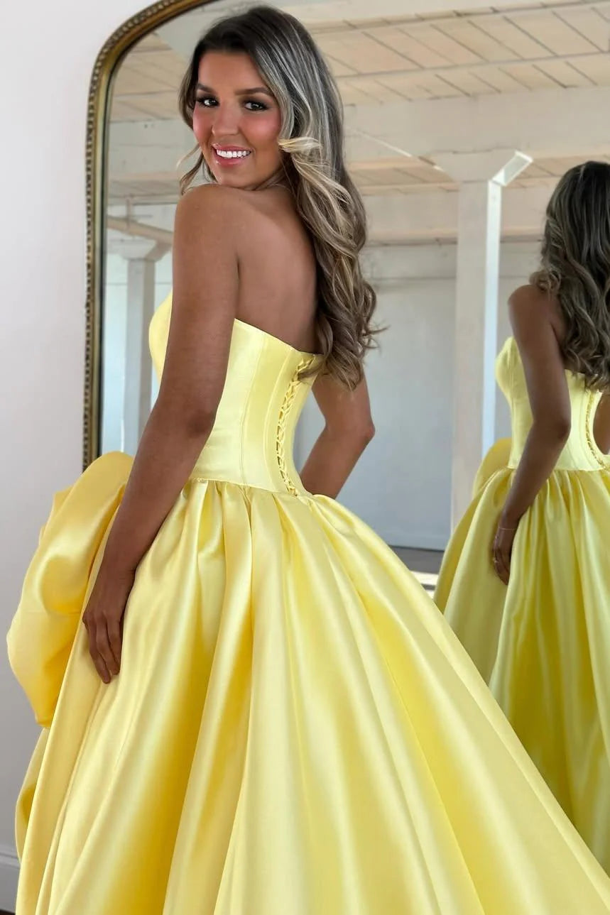 Luxury Strapless Corset Prom Gown With High Slit Skirt And Rosette Accent AD246