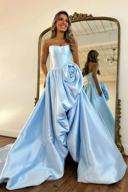 Luxury Strapless Corset Prom Gown With High Slit Skirt And Rosette Accent AD246