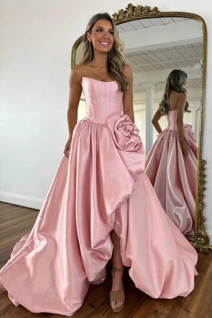 Luxury Strapless Corset Prom Gown With High Slit Skirt And Rosette Accent AD246